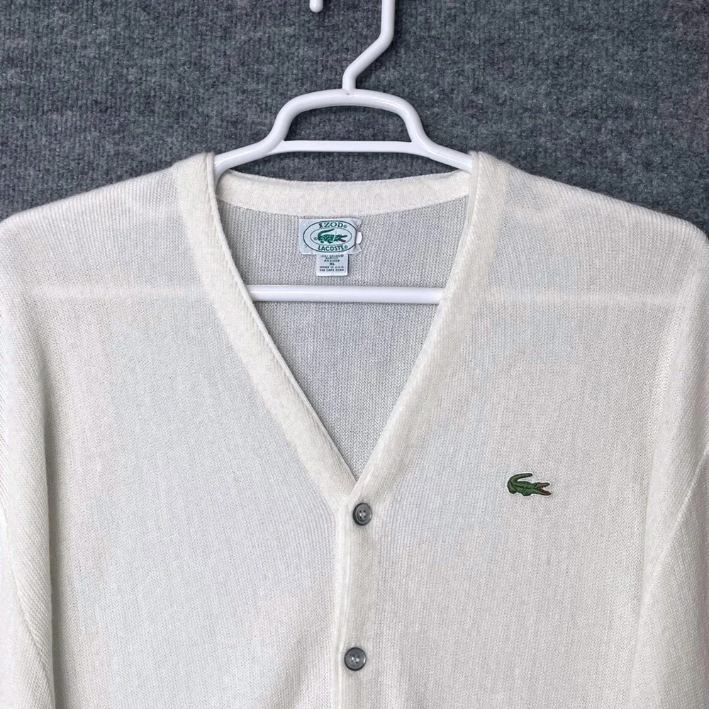 Vintage Izod Lacoste Mens XL White Cardigan Sweater V-Neck Acrylic USA Made